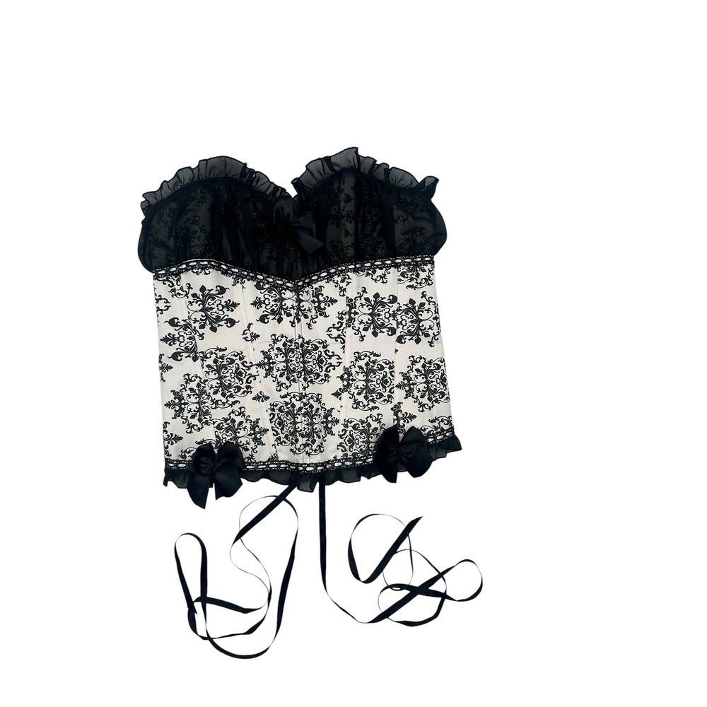 Black White Damask Corset Top Lace Up Back Ruffle Trim Bows Gothic Size L